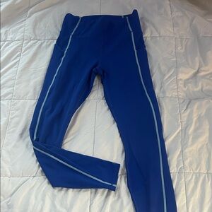 Fabletics PowerLuxe Blue Leggings with Light Blue Stripes